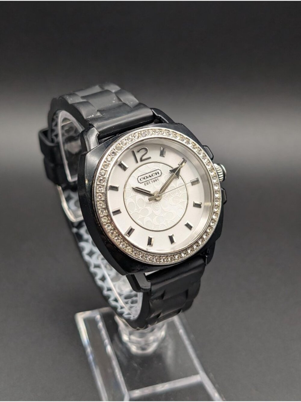 Coach Maddy Quartz Watch, Black Case Crystal Bezel, Signature C Rubber Strap